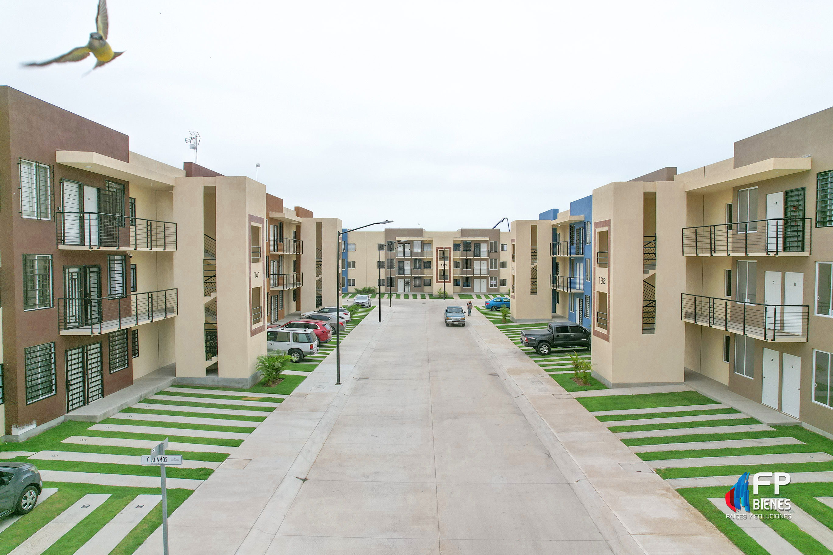 Vialidad interior y edificios residenciales de Zitadela